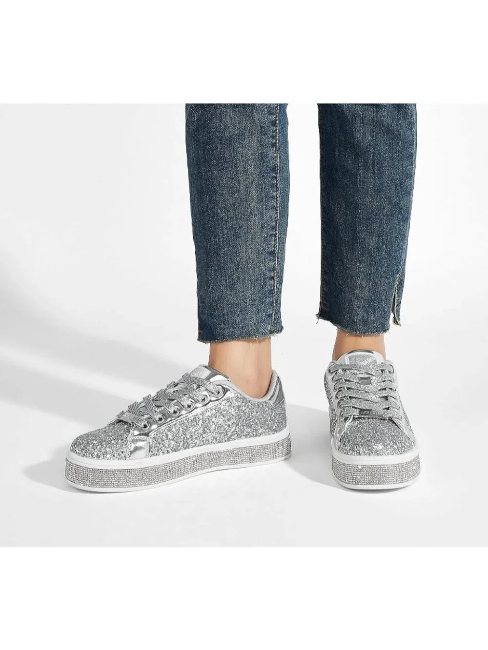 Women's Silver Sparkly Bling Shiny Dressy Bedazzled Glitter Fashion Sneaker Shoe_2